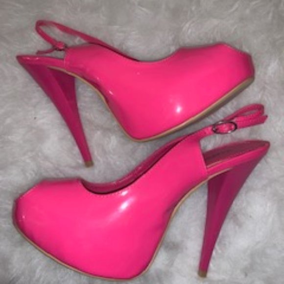 Shoe Dazzle Shoes - Patent Leather Platform Peep Toe Sling Back